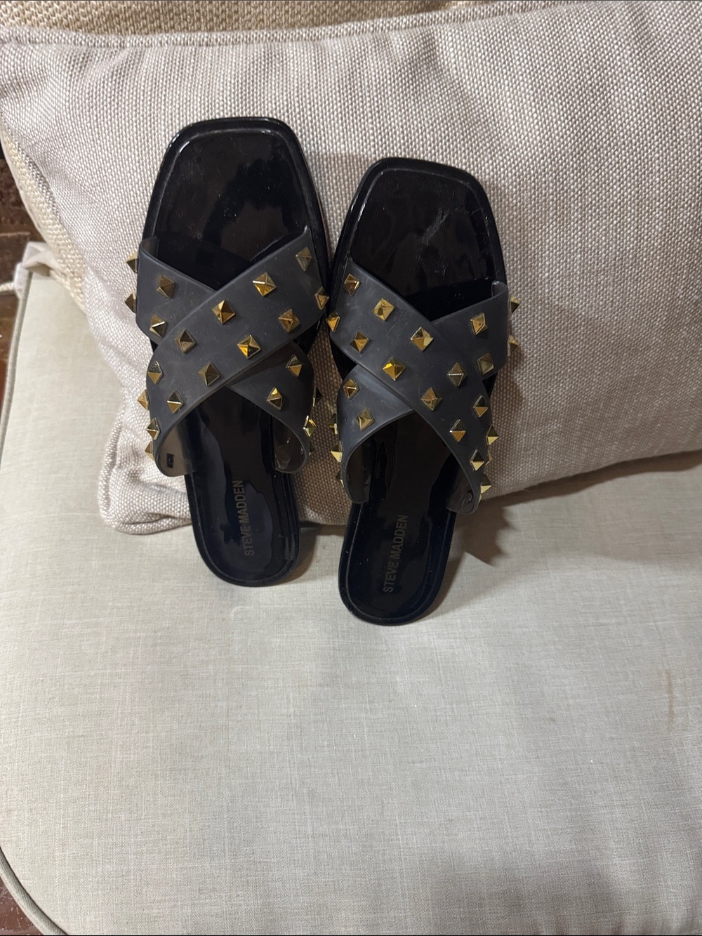 Steve Madden Black Slide Sandals with Gold Pyramid Studs